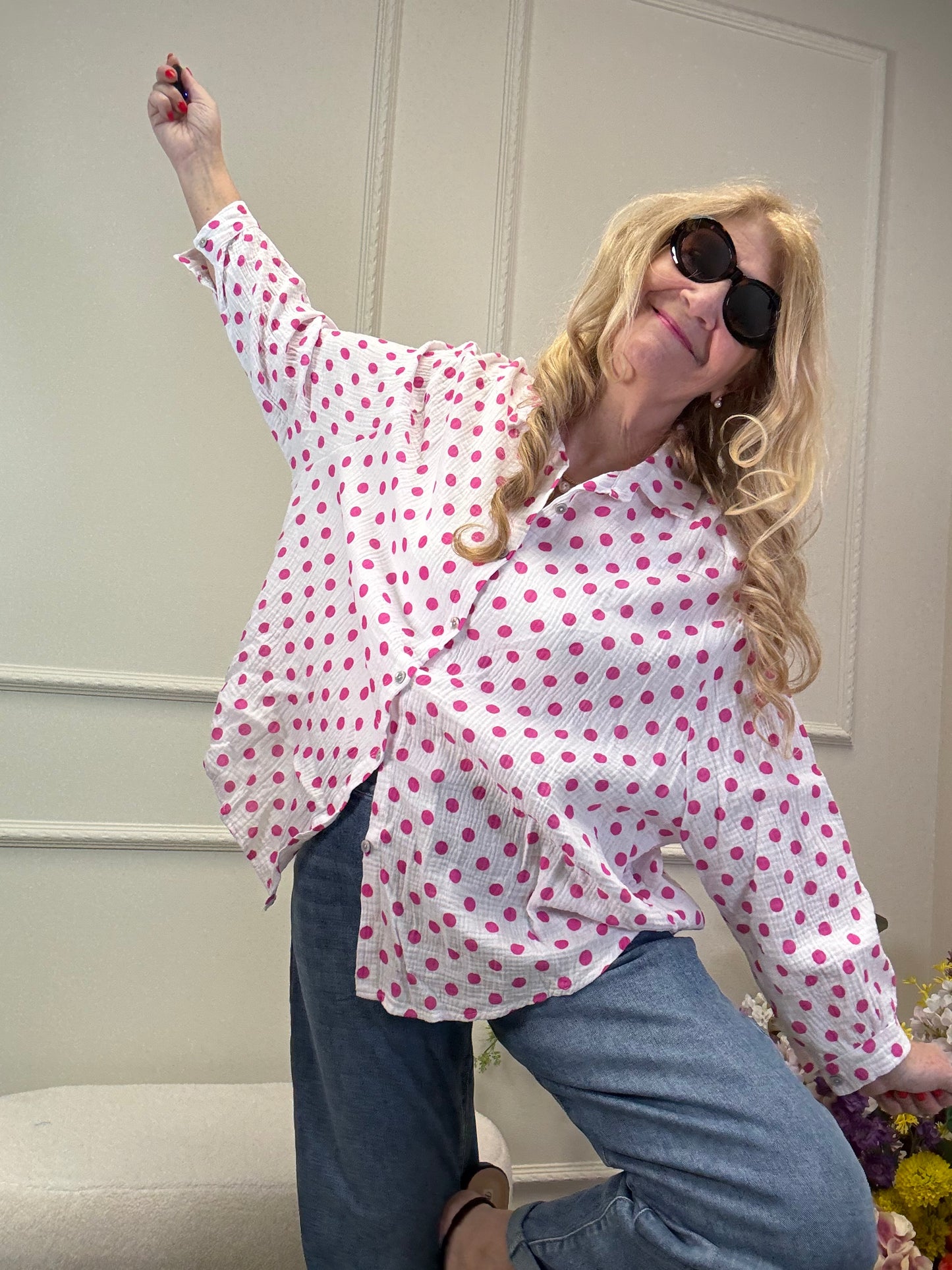 MUSSELIN BLUSE OVERSIZED TUPFEN PINK