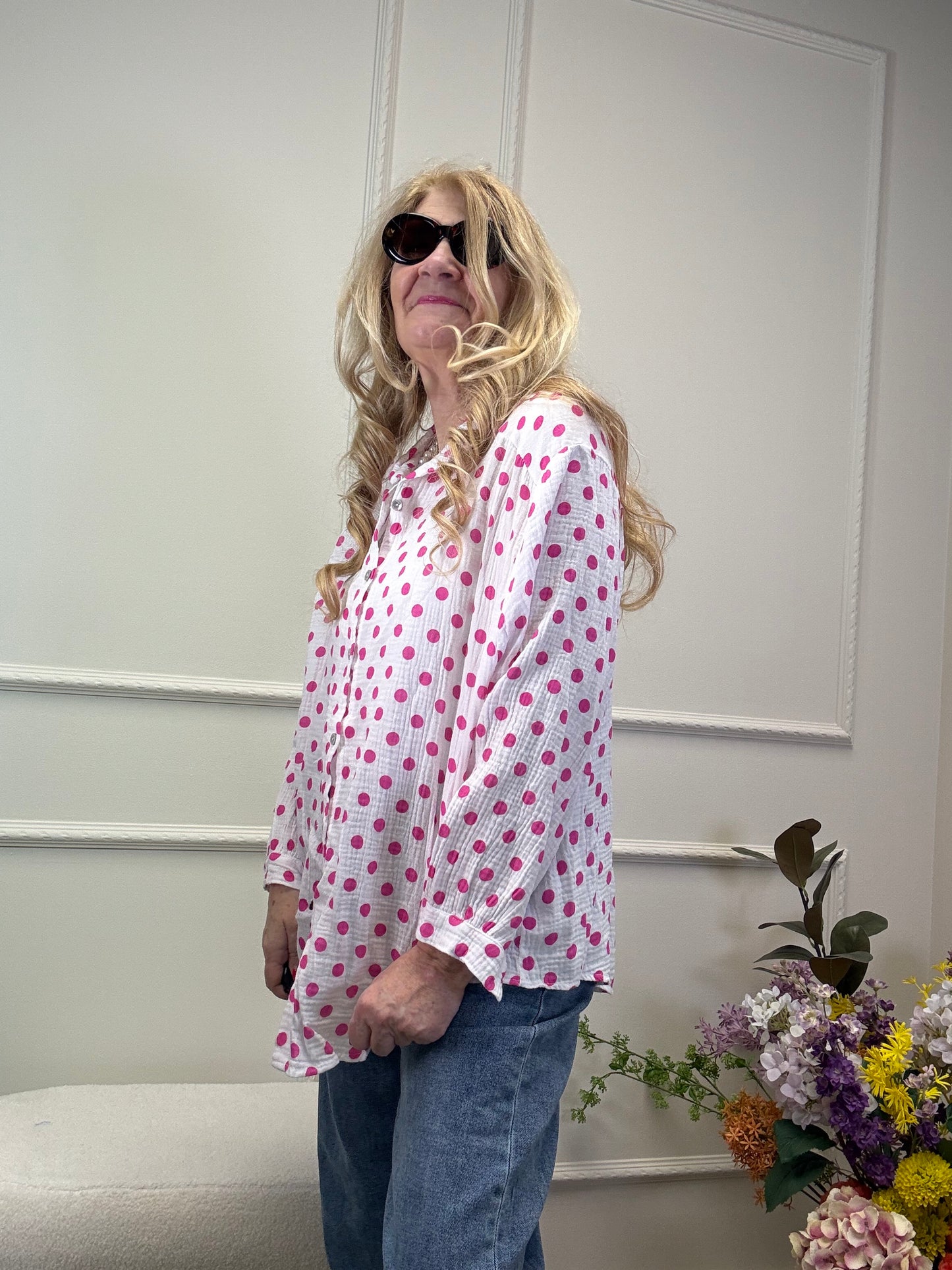 MUSSELIN BLUSE OVERSIZED TUPFEN PINK