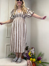 MUSSELIN KLEID LANG SCHOKO/ FANGO GESTREIFT