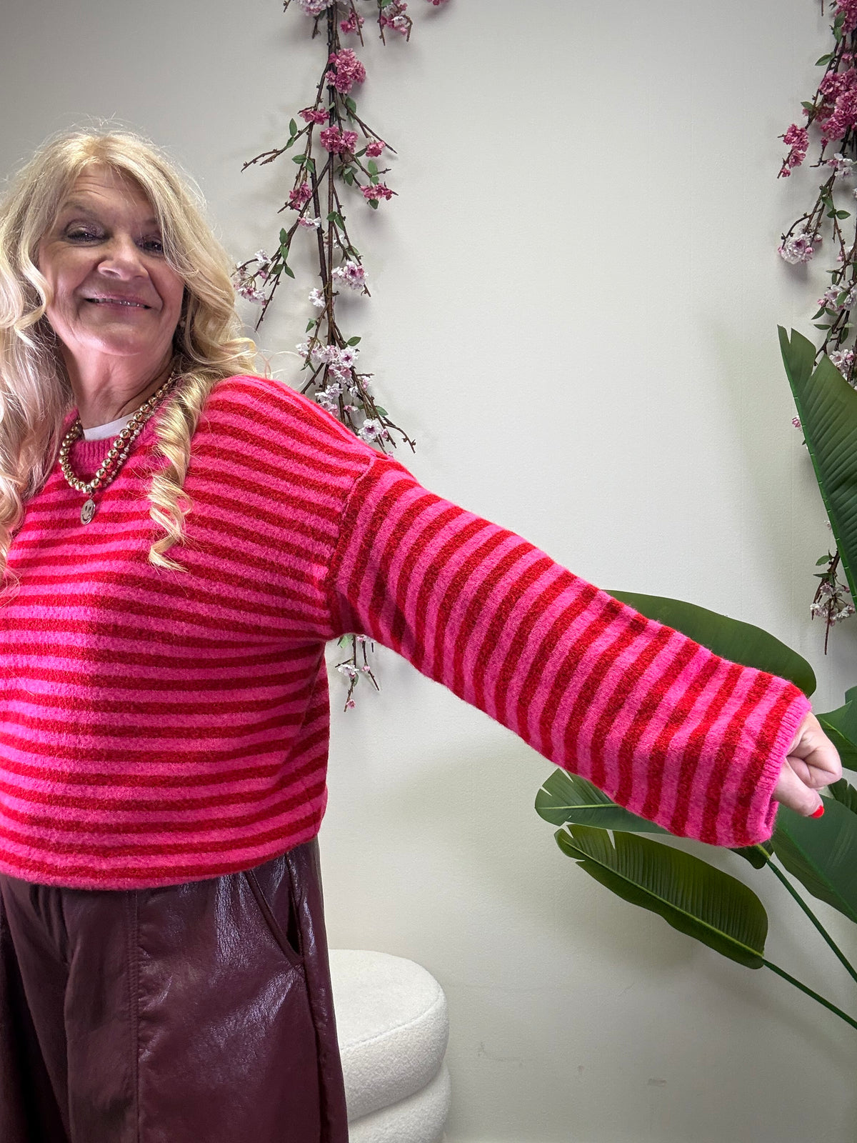 STRICKPULLI STREIFEN PINK / ROT