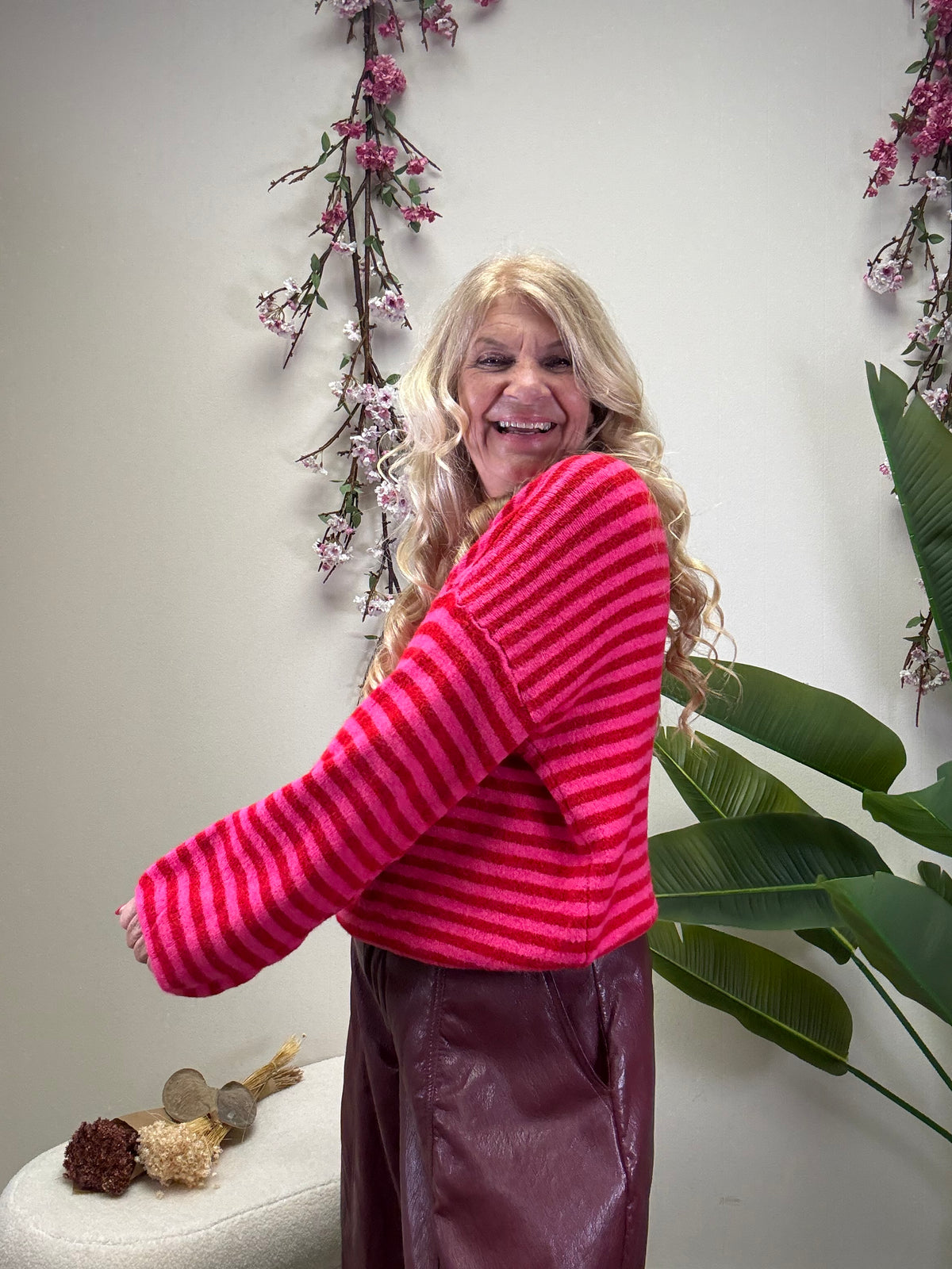 STRICKPULLI STREIFEN PINK / ROT