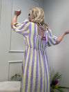 MUSSELIN KLEID LANG GELB/FLIEDER GESTREIFT