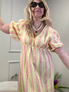 MUSSELIN KLEID LANG GELB/APRICOT GESTREIFT