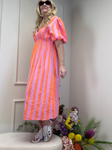 MUSSELIN KLEID LANG ORANGE / PINK