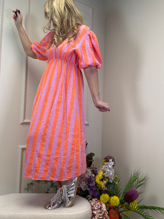 MUSSELIN KLEID LANG ORANGE / PINK