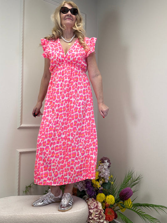 MUSSELIN KLEID LEOMUSTER ORANGE/PINK