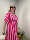 MUSSELIN KLEID LANG ROT/ ROSA GESTREIFT