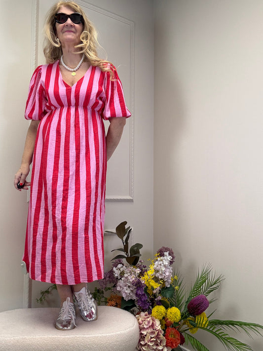 MUSSELIN KLEID LANG ROT/ ROSA GESTREIFT