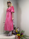 MUSSELIN KLEID LANG ROT/ ROSA GESTREIFT