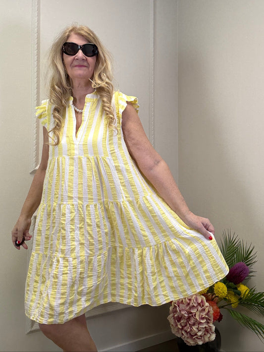 MUSSELIN KLEID KNIELANG GELB/WEIß
