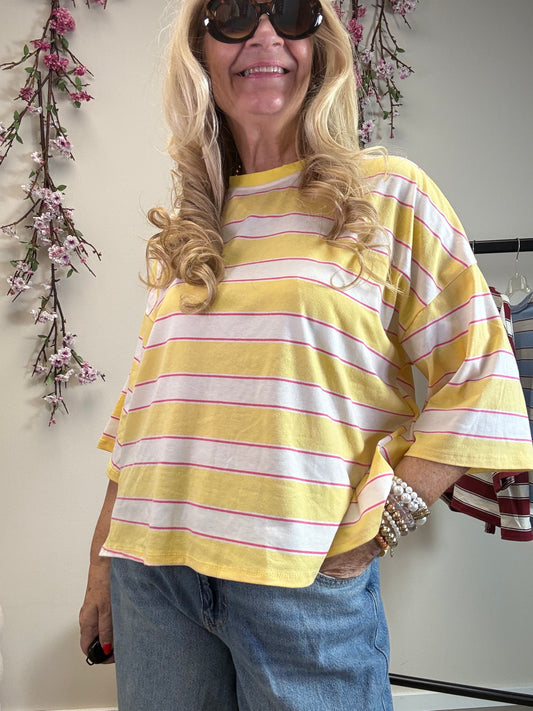 STREIFEN T-SHIRT MIT SCHLIFE AM RÜCKEN GELB-ECRU-PINK