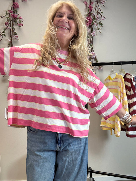 STREIFEN T-SHIRT MIT SCHLEIFE AM RÜCKEN PINK-ECRU-GELB