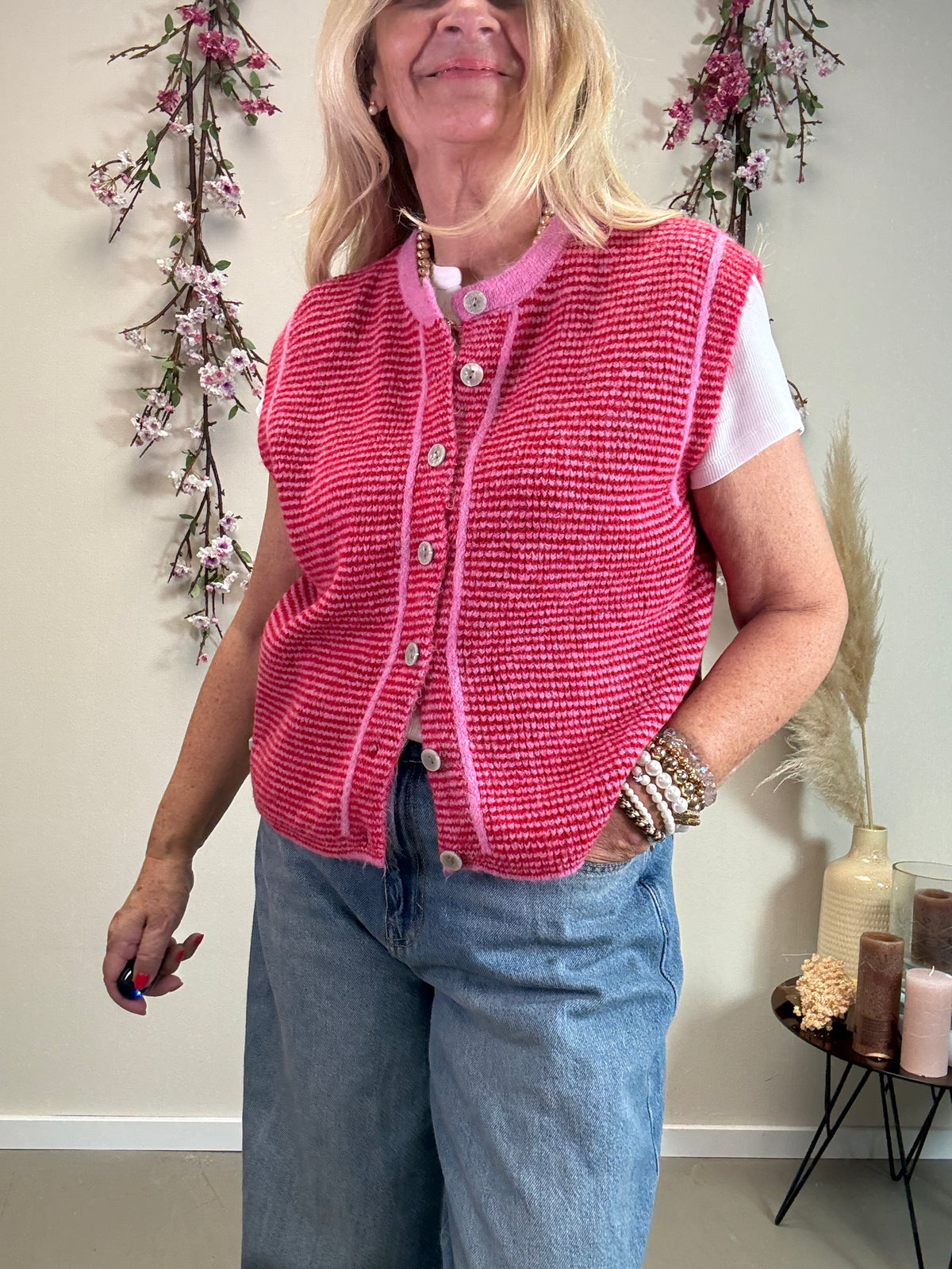 STRICKWESTE GESTREIFT OHNE ARM ROT/PINK
