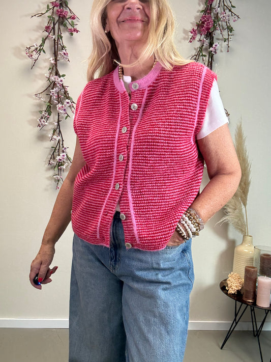 STRICKWESTE GESTREIFT OHNE ARM ROT/PINK