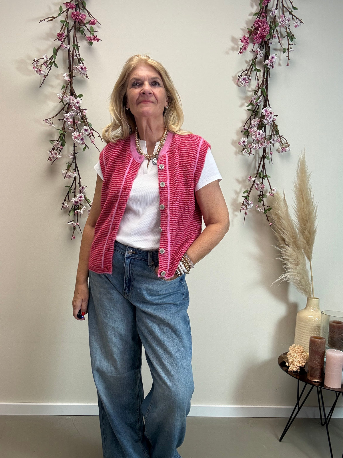 STRICKWESTE GESTREIFT OHNE ARM ROT/PINK