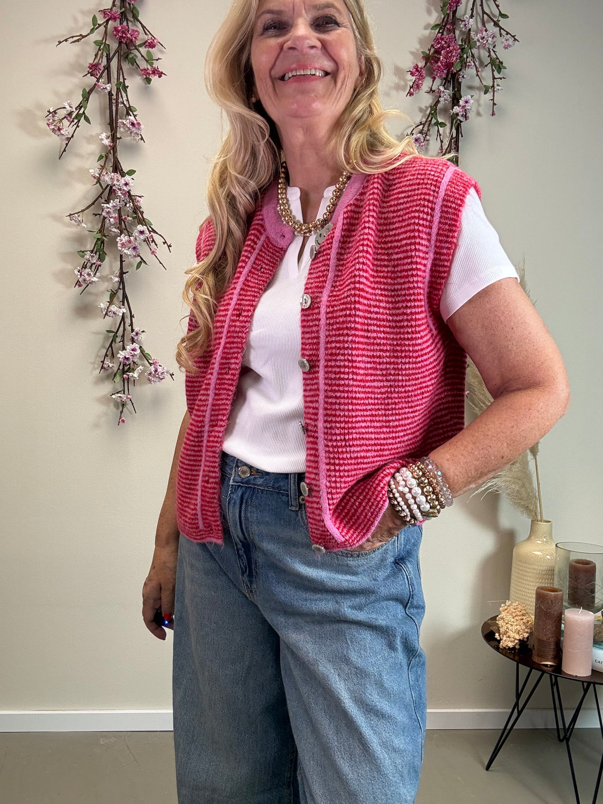 STRICKWESTE GESTREIFT OHNE ARM ROT/PINK