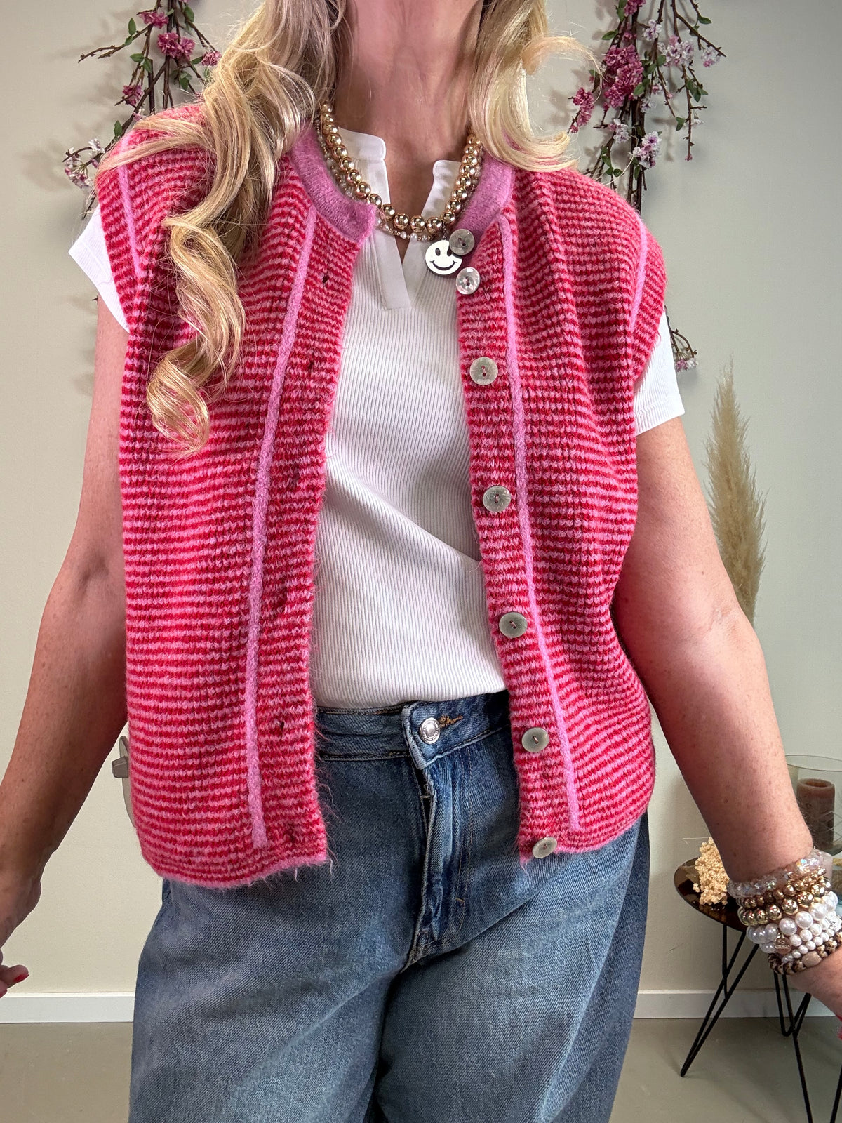 STRICKWESTE GESTREIFT OHNE ARM ROT/PINK