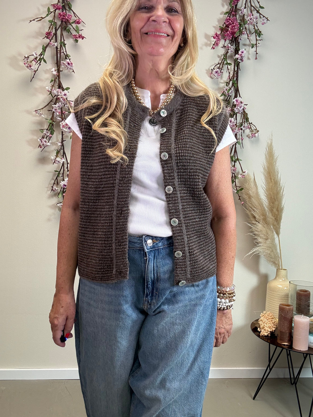 STRICKWESTE GESTREIFT OHNE ARM SCHOKOBRAUN