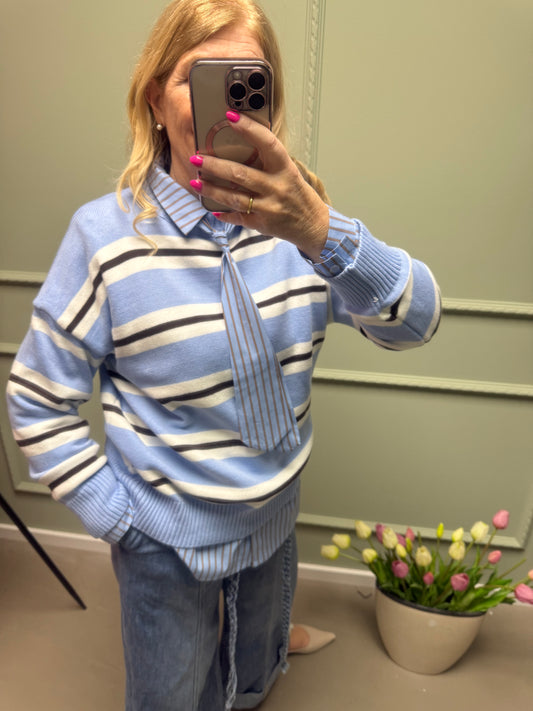 STREIFENPULLI HELLBLAU - CREME - BRAUN