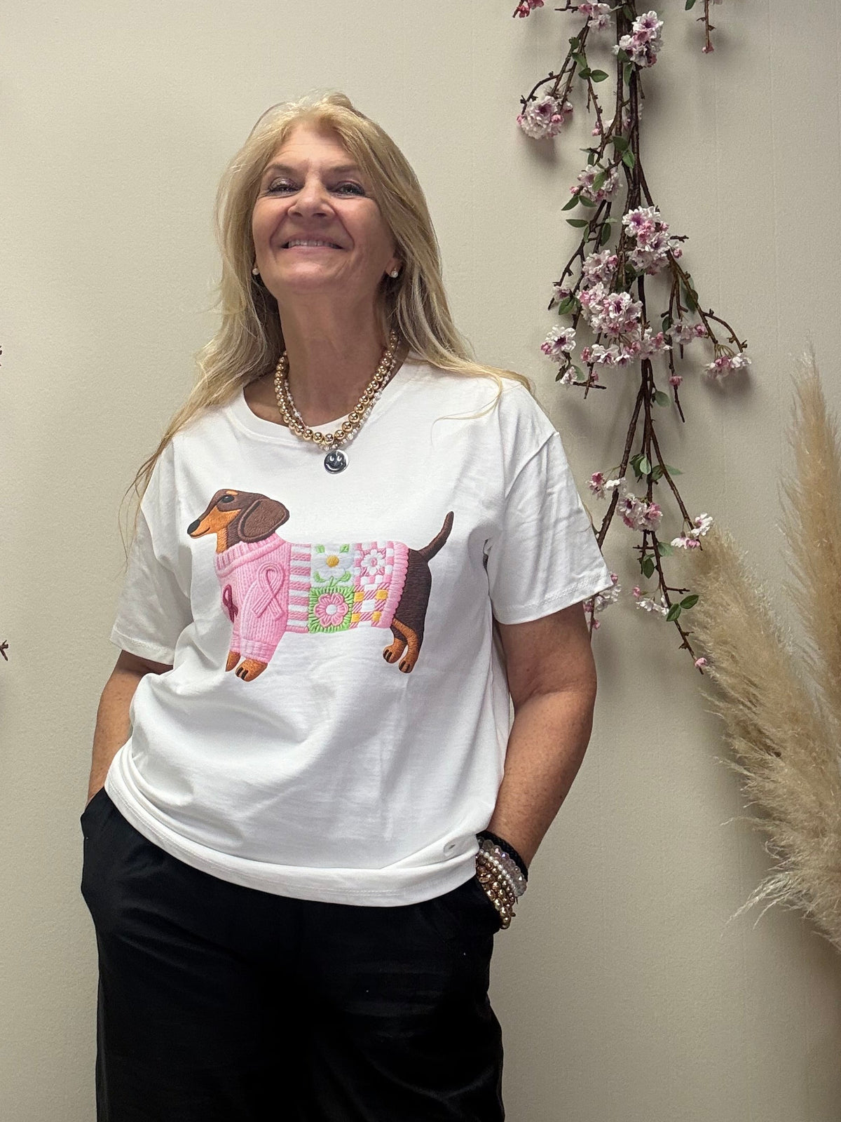 T SHIRT MIT DACKEL ROSA