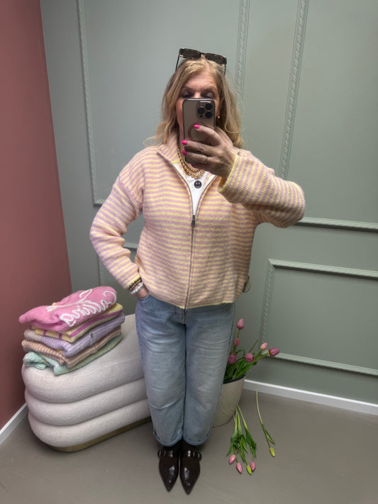 STREIFEN STRICKJACKE ZIPPER BUTTERGELB/ ROSA