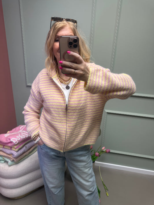 STREIFEN STRICKJACKE ZIPPER BUTTERGELB/ ROSA