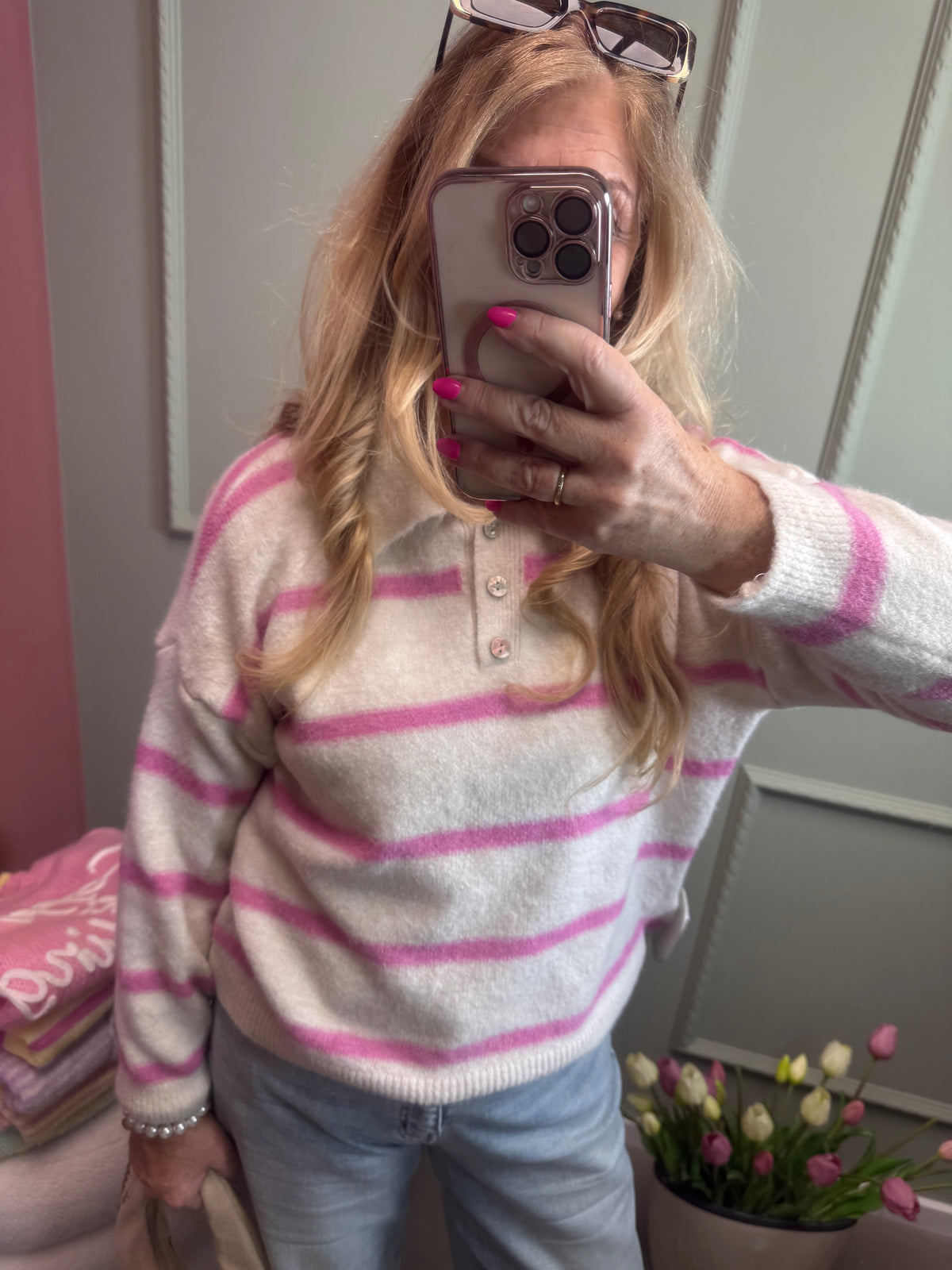 STREIFENPULLI MIT POLOKRAGEN CREME / ROSA