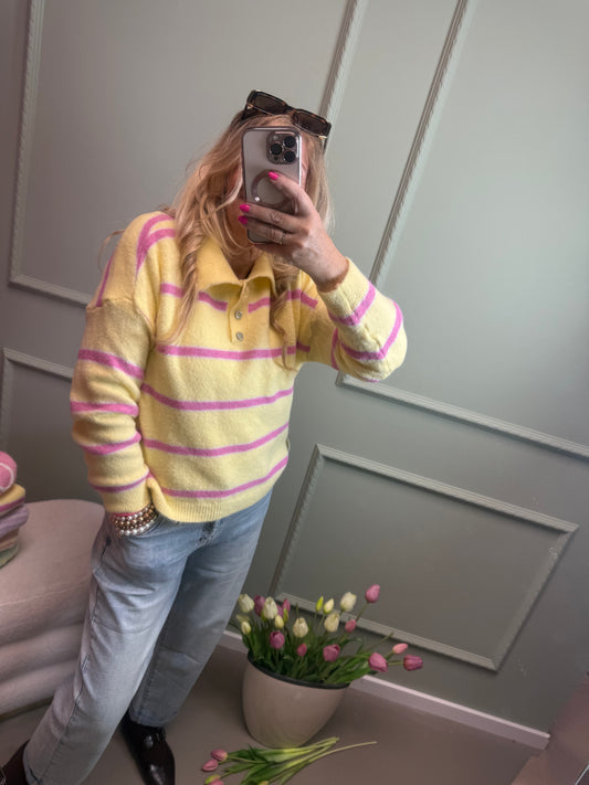 STREIFENPULLI MIT POLOKRAGEN BUTTERGELB/PINK