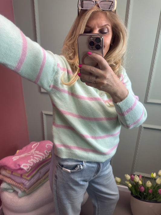 STREIFENPULLI MIT POLOKRAGEN LINDGRÜN/ ROSA