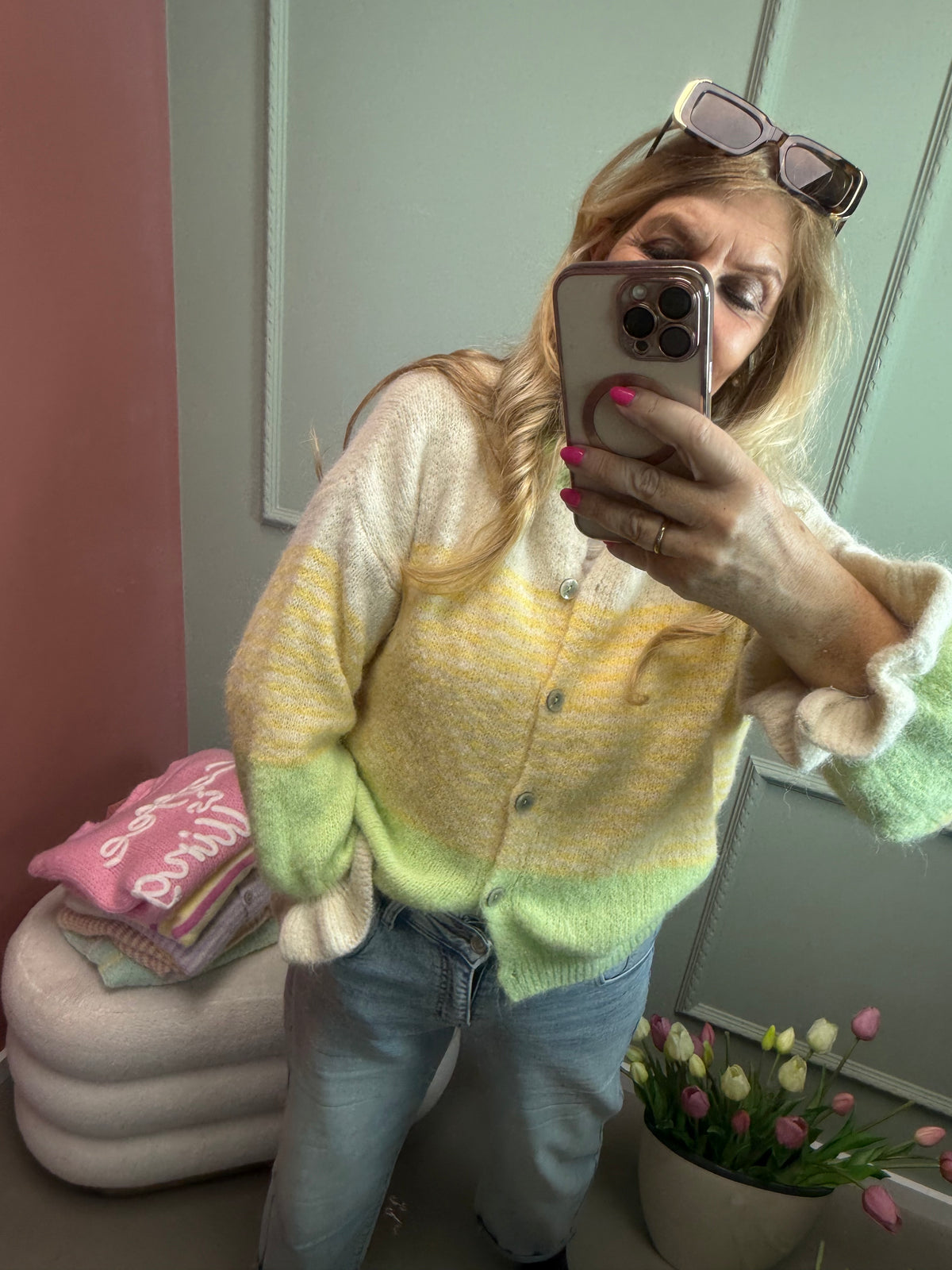 STRICKJACKE CUTE SPRIPES LINDGRÜN / GELB