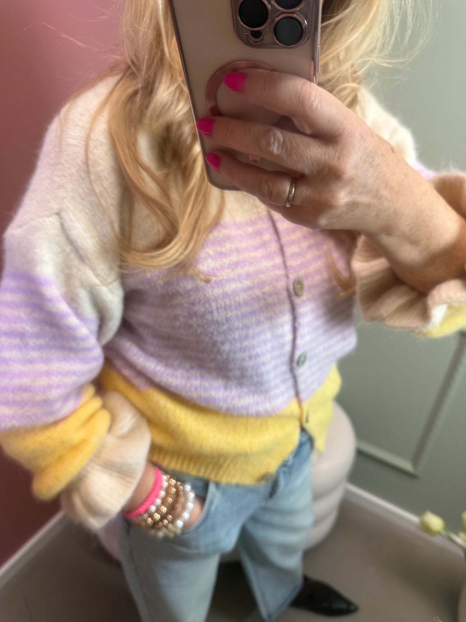 STRICKJACKE CUTE STRIPES BUTTERGELB/FLIEDER