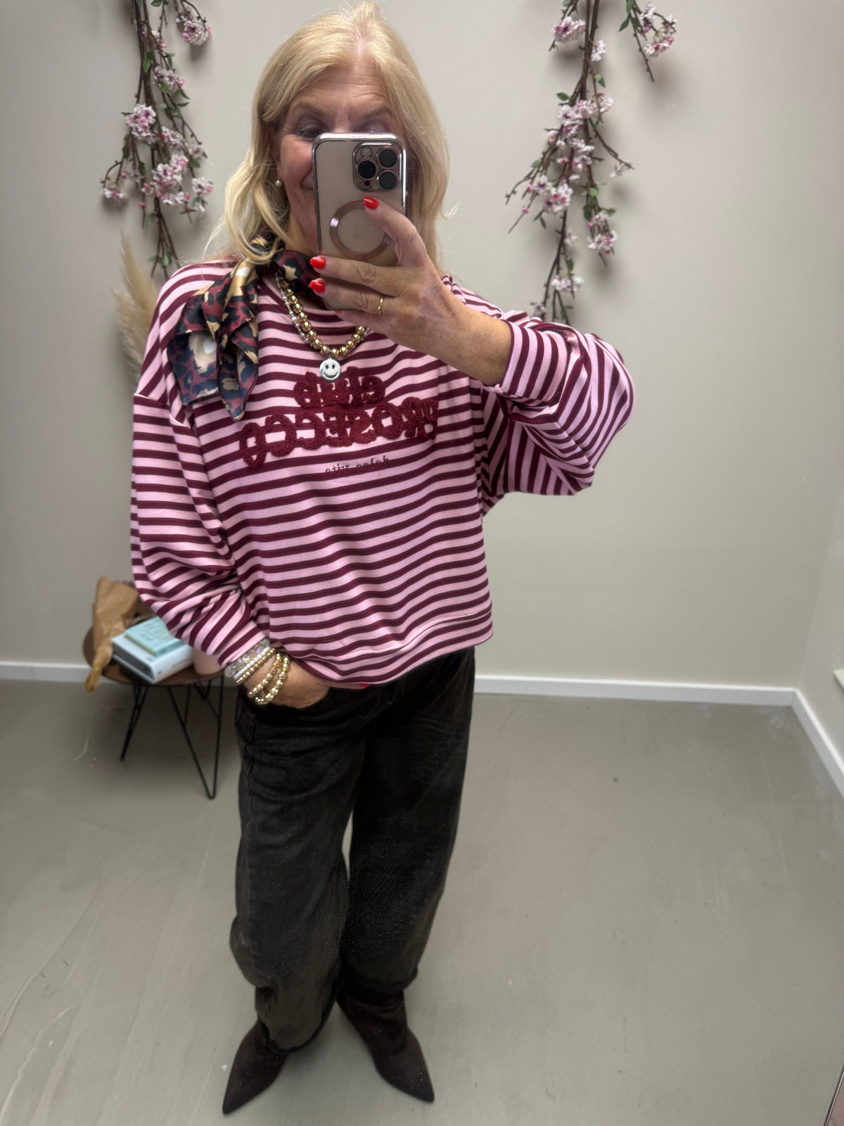 SWEATSHIRT STREIFEN PROSECCO BORDAUX/ROSA