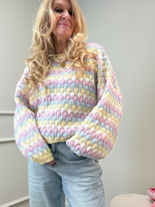 STRICKPULLI BUBBELSTRIPES - BUTTERGELB