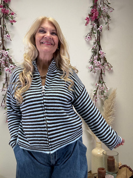 ZIPPER STRICKJACKE MIT LEICHT AUSGESTELLTEM ÄRMEL EISBLAU/SCHOKO