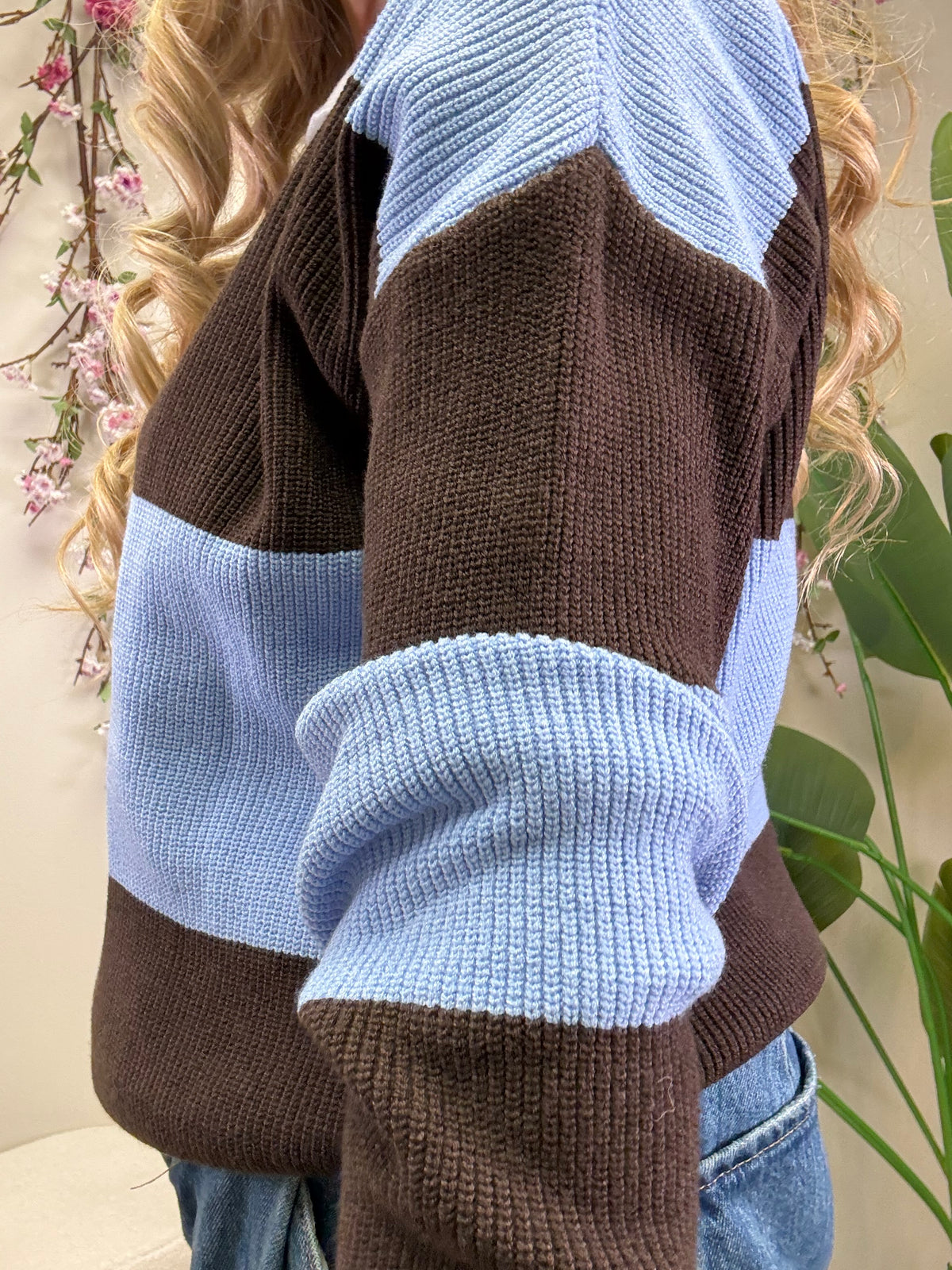 PULLOVER STREIFEN HELLBALU SCHOKO MIT KRAGEN
